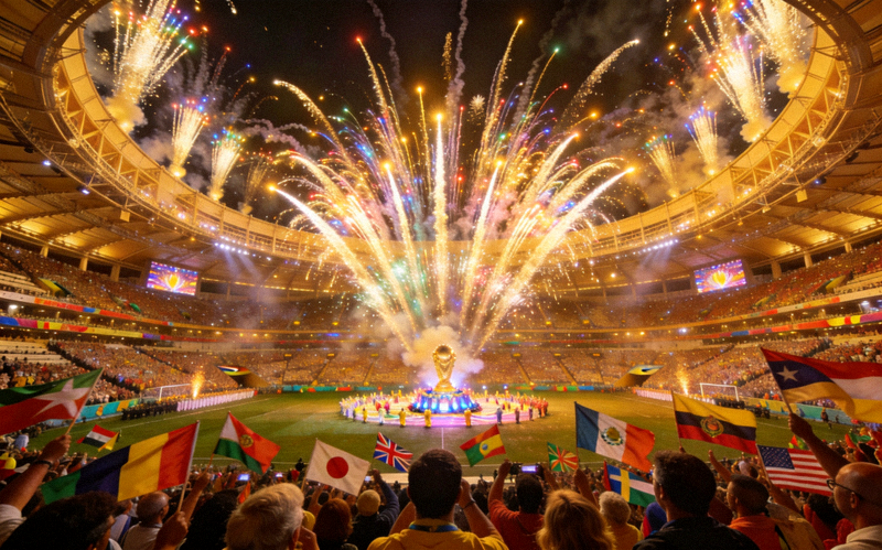 世界杯开幕式盛况 - 烟花在体育场上空绽放，观众席座无虚席
